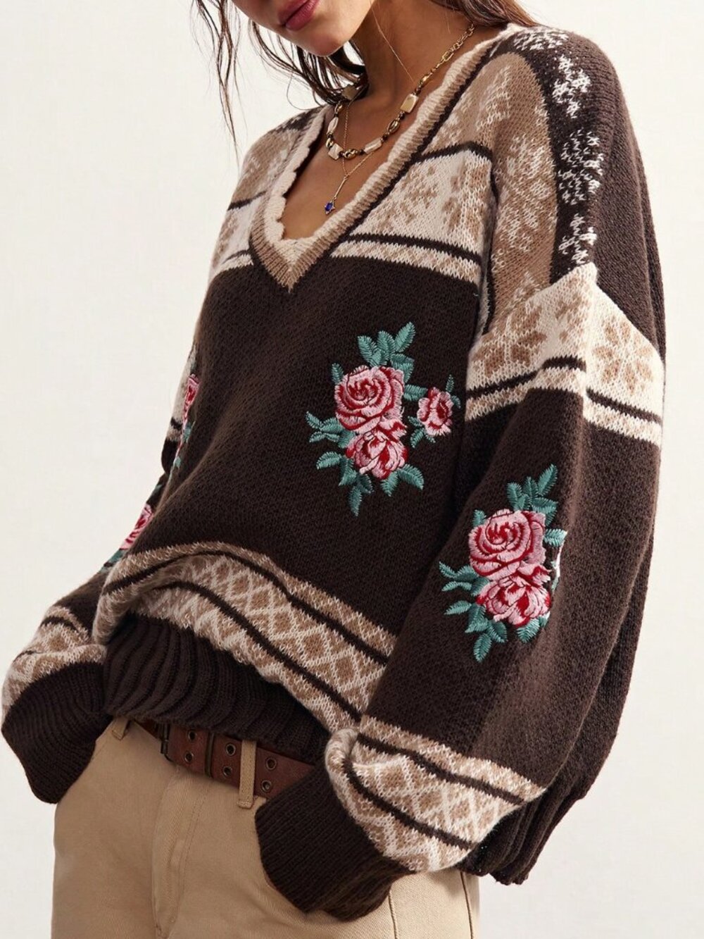 Mocha Brown Casual Women's Jacquard Contrast Color Embroidered Knit Cardigan - Picture 7 of 10